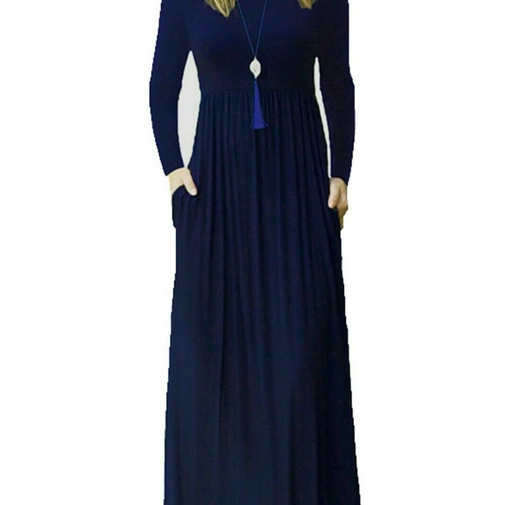Long Sleeve Maxi Dress Pockets Cotton Blend Options Navy Large and Black small